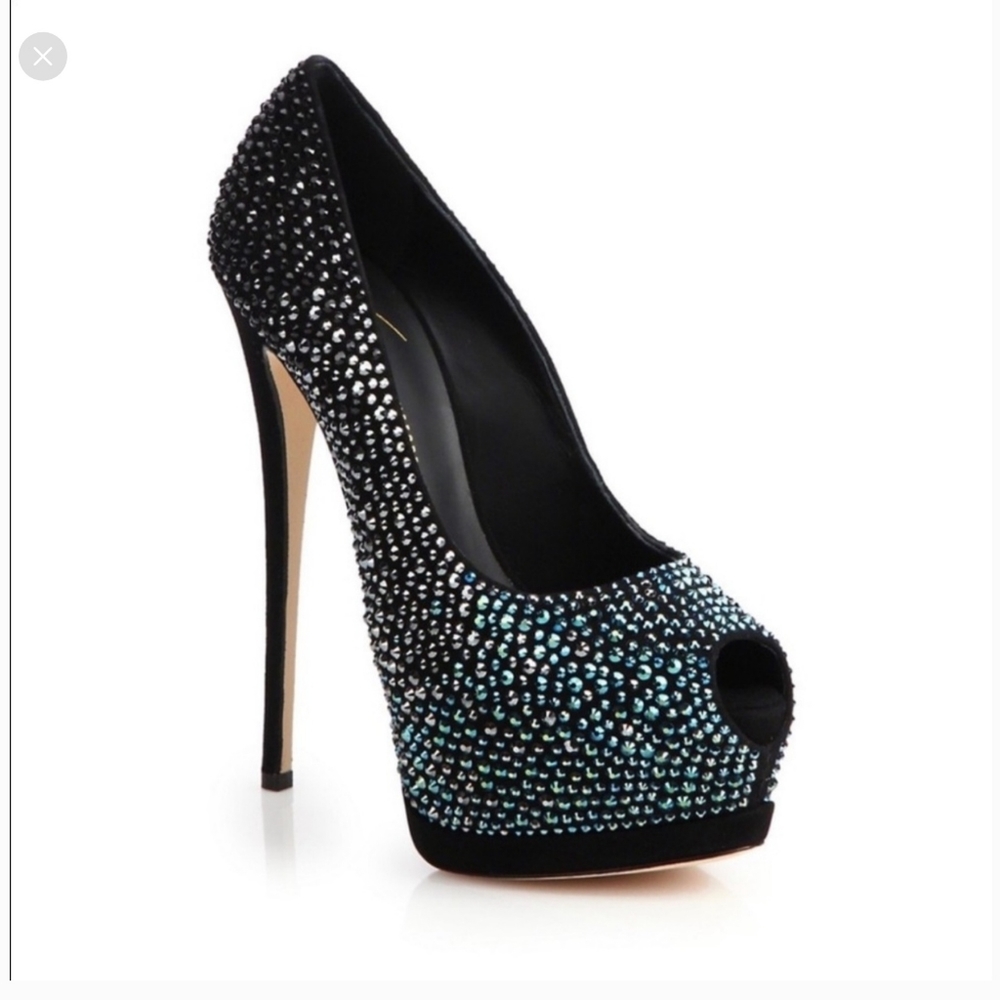 NWT Giuseppe Zanotti Sharon Swarovski Crystal Embellished Peep Toe Heels Black